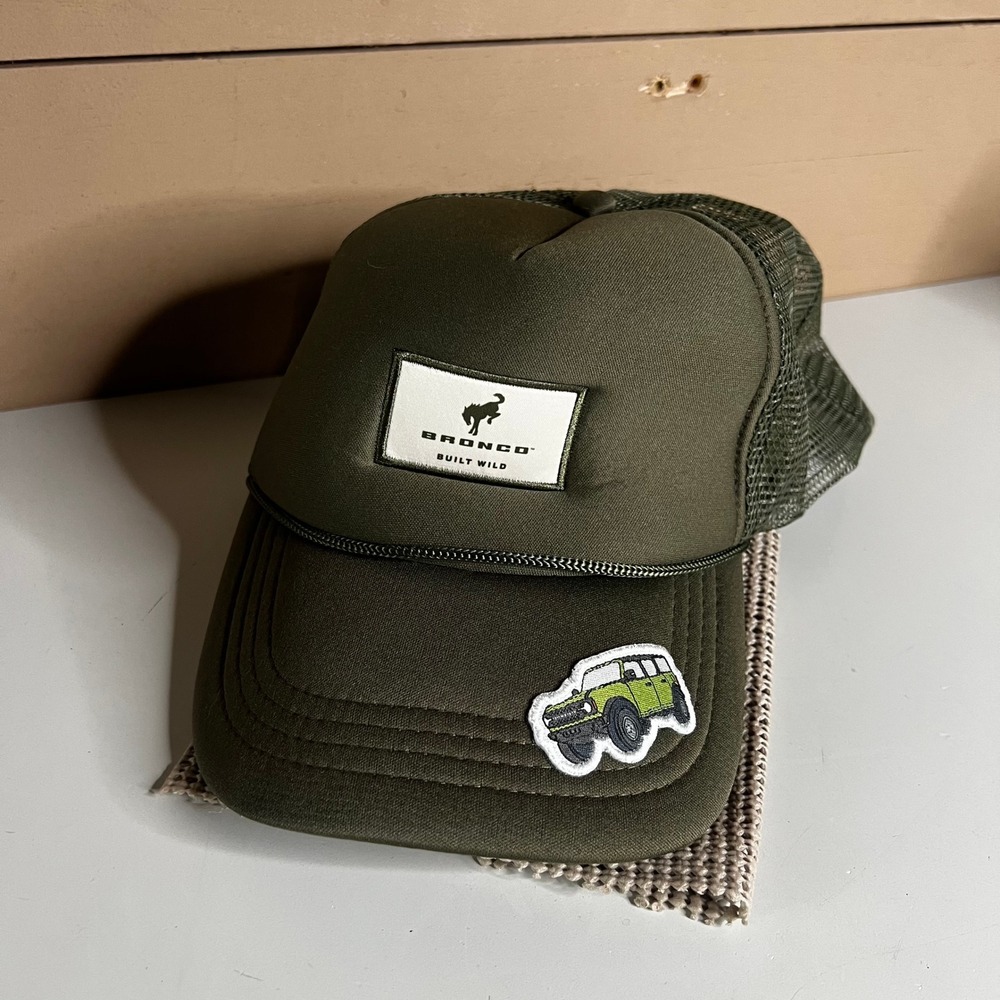 Ford Bronco Built Wild Trucker Hat Olive Green Mesh Snapback Foam Patch Cap
